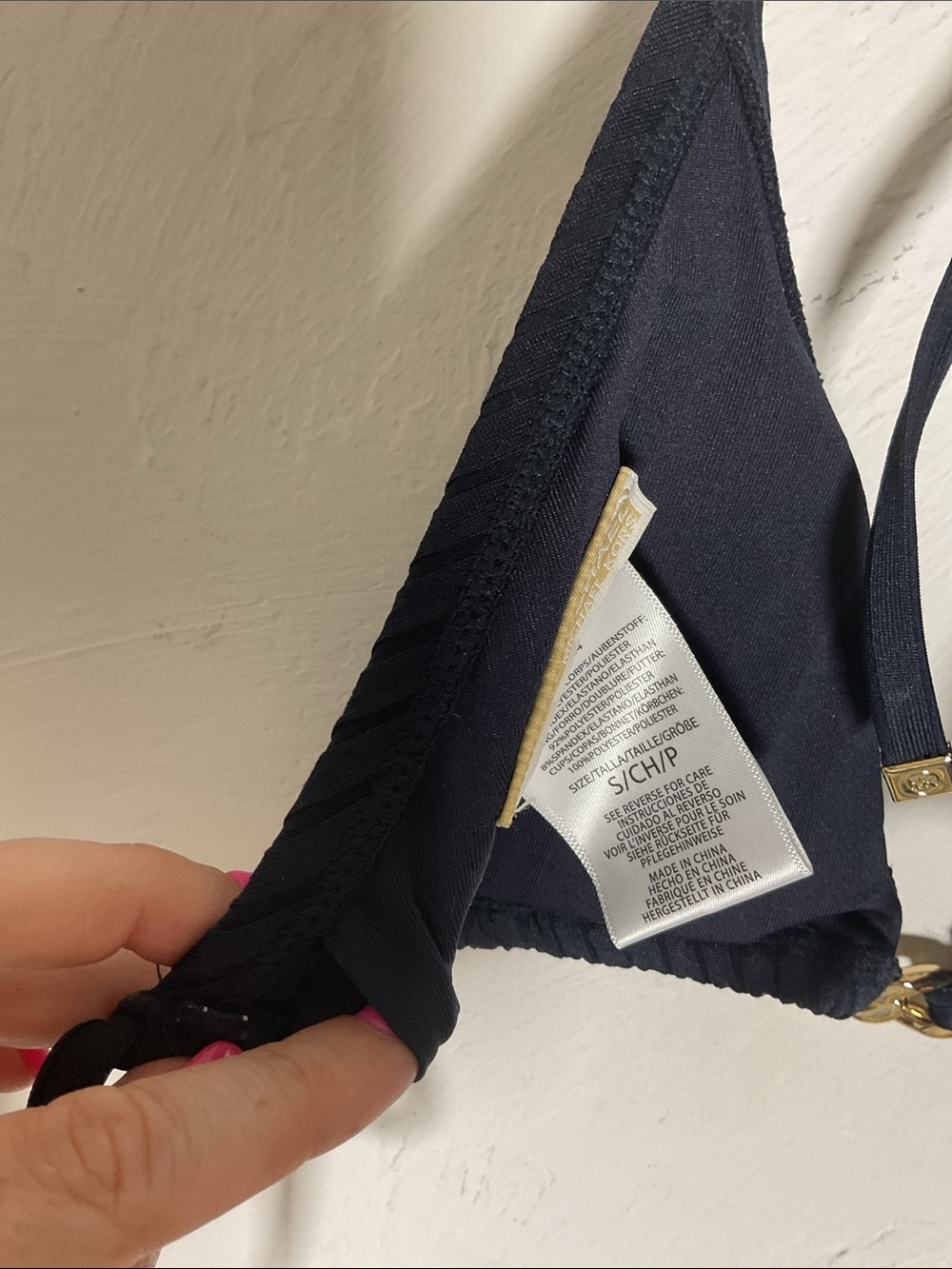 MICHAEL Michael Kors Ribbed Gold Chain Triangle Bikini Set Size S Navy - Picture 5 of 13